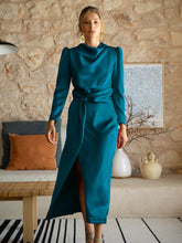 Ximena Satin Long Sleeve Midi Dress - Teal