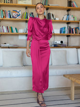 Ximena Satin Long Sleeve Midi Dress - Fuchsia