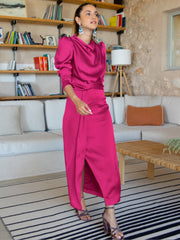 Ximena Satin Long Sleeve Midi Dress - Fuchsia