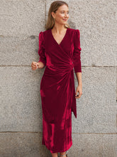 Florence Metallic Velvet Tie Waist Midi Dress - Burgundy
