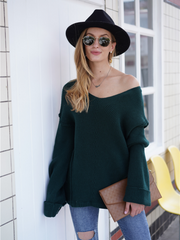 MACHE Low V-Neck Oversize Sleeve Knit Top - Green