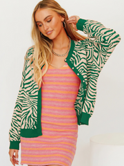 Tiger Year Animal Patterned Knit Cardigan - Green
