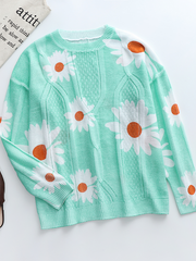 Perforated Sunflower Patterned Knit Top - Green