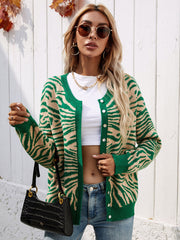 Tiger Year Animal Patterned Knit Cardigan - Green