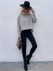 Grey Oversized Collar Turtleneck Knit Sweater