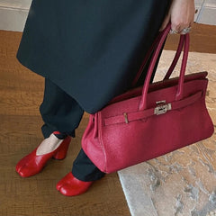 Split Toe Chunky Round Ankle Strap Buckle High Heels Red Leather Brand Design Shoes