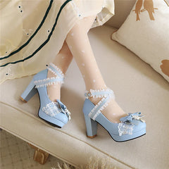 Woman Lolita Style Ankle Strap Shoes Platform Block High Heels Pumps Round Toe Bow Buckle Lady Footwear 46 Blue