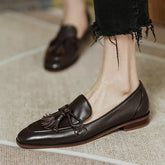 Retro Tassel bow-knot small leather shoes loafers square toe low heels oxfords woman ins genuine leather fringe flats