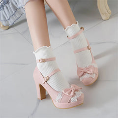 Woman Lolita Style Buckle Shoes Platform Block High Heels Pumps Bow Round Toe Ankle Strap Lady Pumps 34-43 Pink