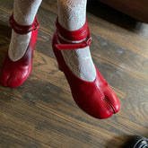 Split Toe Chunky Round Ankle Strap Buckle High Heels Red Leather Brand Design Shoes