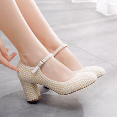 Crystal Queen Platform High Heels Mary Janes White Lolita Style Vintage Pumps Party Beige Pearl Wedding Shoes 7CM