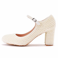 Crystal Queen Platform High Heels Mary Janes White Lolita Style Vintage Pumps Party Beige Pearl Wedding Shoes 7CM