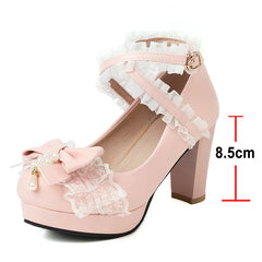 Woman Lolita Style Ankle Strap Shoes Platform Block High Heels Pumps Round Toe Bow Buckle Lady Footwear 46 Blue