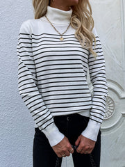 Cream Stripe Turtleneck Knit Top