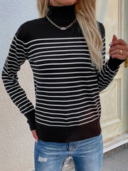 Black Stripe Turtleneck Knit Top