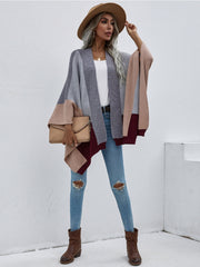 Color Block Knit Ruana - Grey & Beige