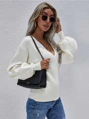 Lantern-Sleeve V-Neck Wrap Knit Top - White