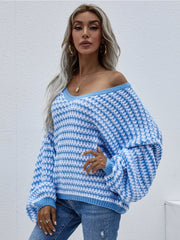 Puff sleeve V-Neck Sweater - Blue