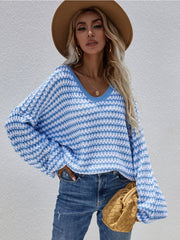 Puff sleeve V-Neck Sweater - Blue