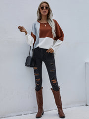 Color Block Pattern Knit Sweater - Brown