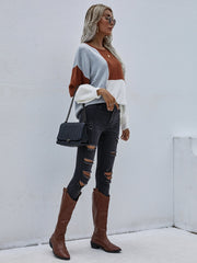 Color Block Pattern Knit Sweater - Brown