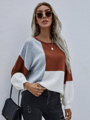 Color Block Pattern Knit Sweater - Brown