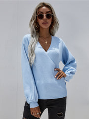 Lantern-Sleeve V-Neck Wrap Knit Top - Blue
