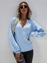Lantern-Sleeve V-Neck Wrap Knit Top - Blue