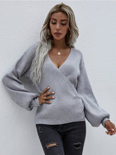 Lantern-Sleeve V-Neck Wrap Knit Top - Grey