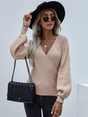 Lantern-Sleeve V-Neck Wrap Knit Top - Beige