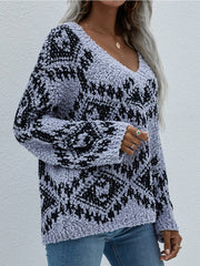 Geometric Pattern Lantern Sleeve Sweater - Grey