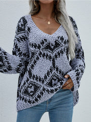 Geometric Pattern Lantern Sleeve Sweater - Grey