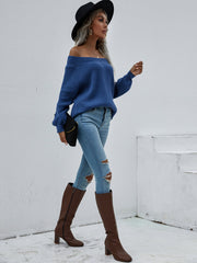 Navy Bell-Sleeve Off-Shoulder Knit Sweater
