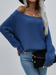 Navy Bell-Sleeve Off-Shoulder Knit Sweater
