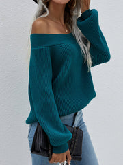 Green Bell-Sleeve Off-Shoulder Knit Sweater