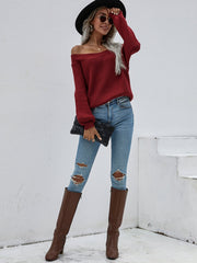 Maroon Bell-Sleeve Off-Shoulder Knit Sweater