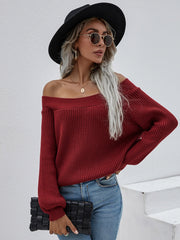 Maroon Bell-Sleeve Off-Shoulder Knit Sweater