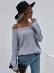 Grey Bell-Sleeve Off-Shoulder Knit Sweater