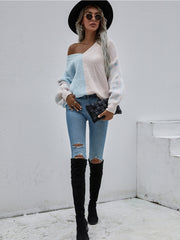 Color-Block Lantern Sleeve Sweater - Blue & Beige Leopard