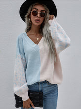Color-Block Lantern Sleeve Sweater - Blue & Beige Leopard