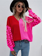 Color-Block Lantern Sleeve Sweater - Fuchisa Leopard