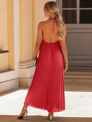 Eleanor Pleated Halter Maxi Dress - Red