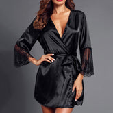 Lace Patchwork Long Sleeve Nightgown Kimono Satin Black Robes