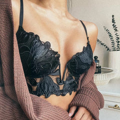 Lingerie Lace Embroidery Brassiere Push Up thin Deep V Bra and Panty Set