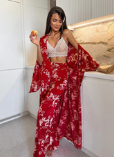 Loose Printing V-Neck Sleepwear Long Sleeve Wide Leg Pants Casual Pajamas Set