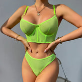 Mesh Color Blocking Underwire Fishbone Lingerie Set