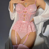 Mesh Lace Garters Solid One-Piece Lingerie
