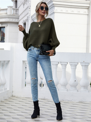 GISELE Lantern Sleeve Tighten Cuff Knit Top - Olive