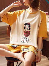 Pajamas Sleepwear Printed Two Piece Jewel Neck Short Sleeves Cotton Blend Lingerie