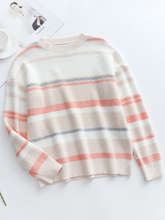 Peach Grey Stripe Crew Neck Knit Top